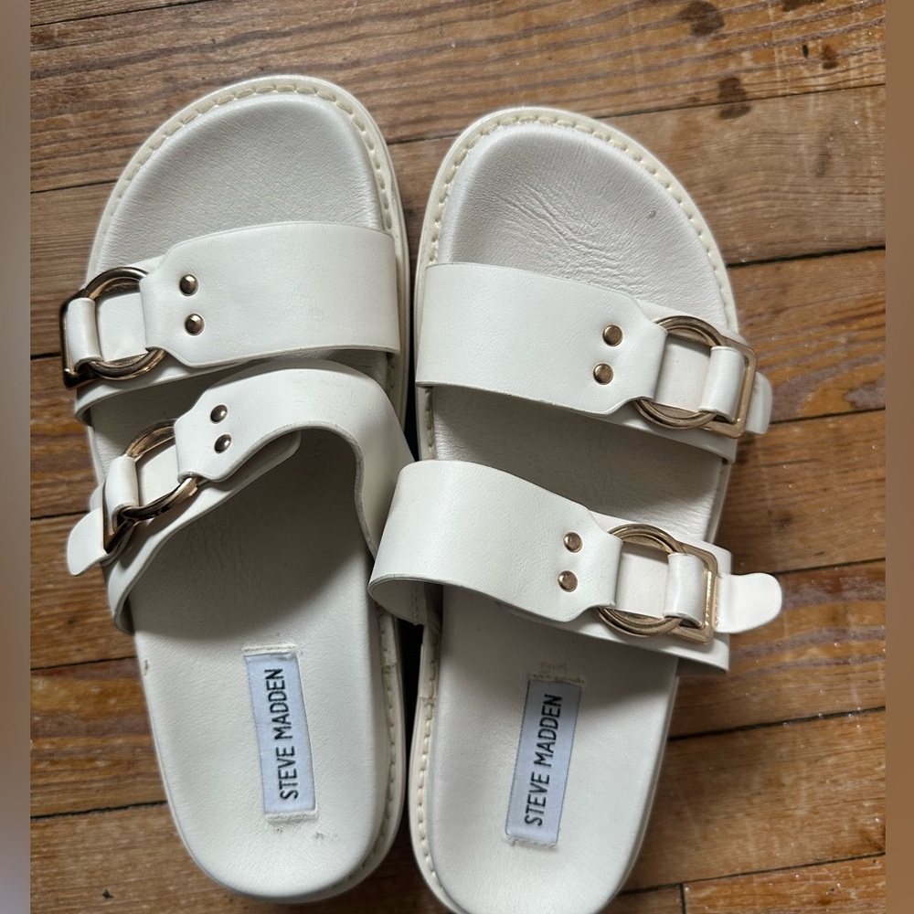 Steve Madden Cream Slides with Gold Accents